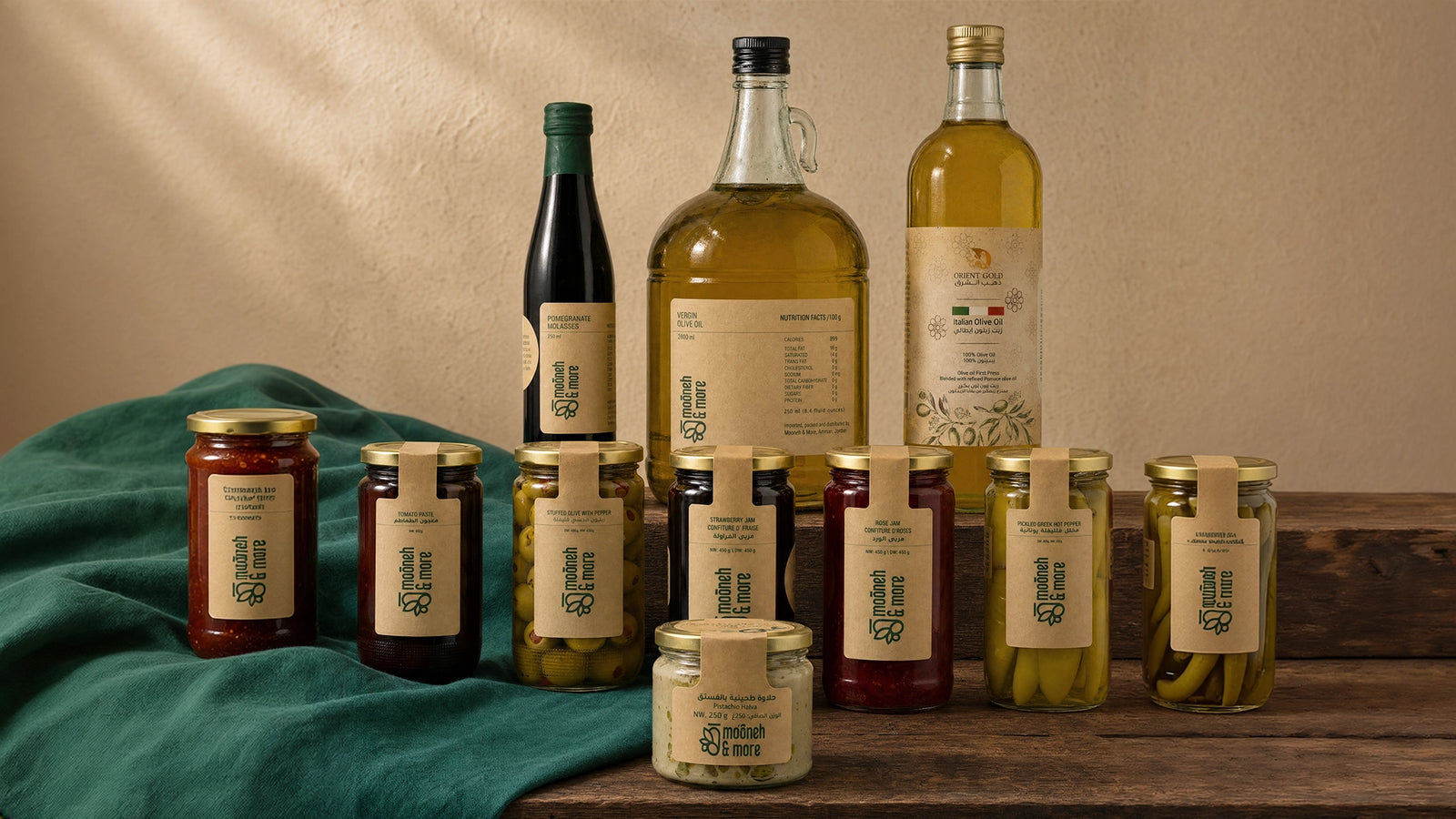 Premium Mediterranean pantry products by Mooneh & More including olive oil and pomegranate molasses